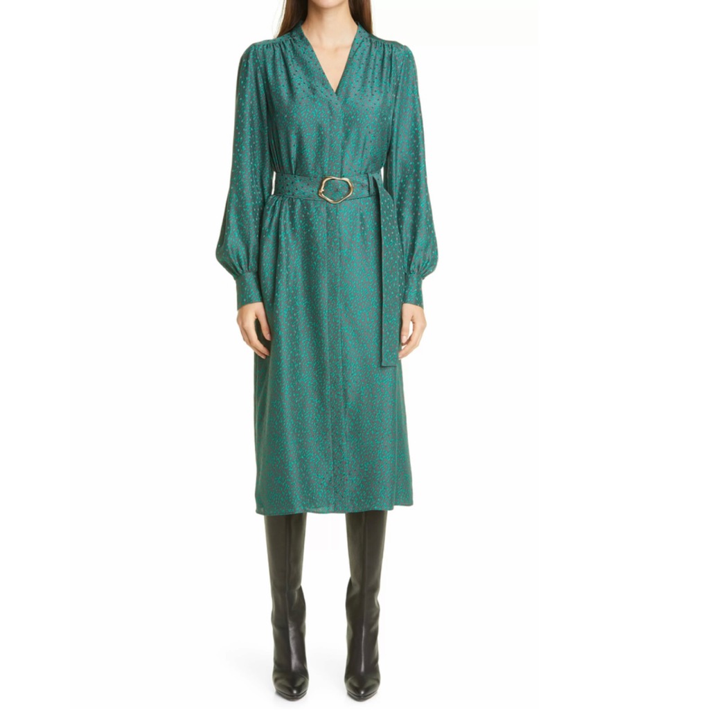 Lafayette 148 Clementine Belted Long Sleeve Silk Midi Dress